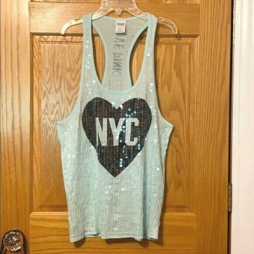 Victoria's Secret PINK Tank Top Love NYC New York City Light Aqua Sequin Small